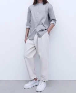 Adolfo Dominguez Camisas>Camisa Cuello Mao En Algodon Gris/Blanco