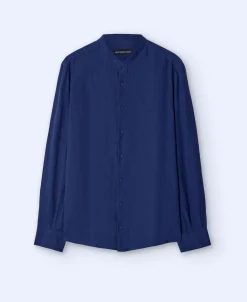 Adolfo Dominguez Camisas>Camisa Cuello Mao En Lino 100% Azul Marino