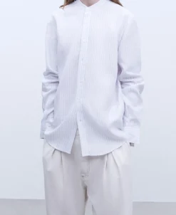 Adolfo Dominguez Camisas>Camisa Cuello Mao En Lino Europeo Rayas Blanco/Azul