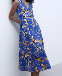 Adolfo Dominguez Vestidos Y Monos>Vestido Entallado En Voile De Algodon Azul Estampado